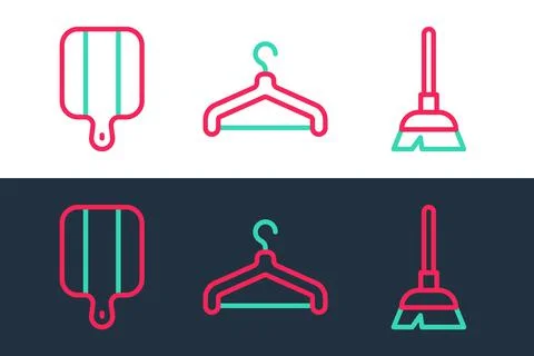 Set line Handle broom, Cutting board and Hanger wardrobe icon. Vector Illustrazione stock