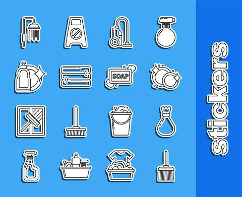 Set line Handle broom, Garbage bag, Washing dishes, Vacuum cleaner, Towel stack Stock Illustration