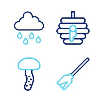 Set line Handle broom, Mushroom, Hive for bees and Cloud with rain icon. Vector Illustration