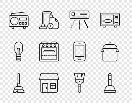 Set line Handle broom, Rubber plunger, Air conditioner, House, Radio, Oven,.. Illustration