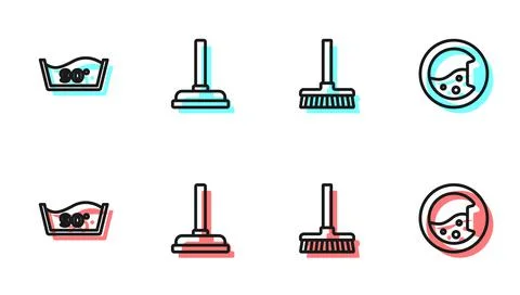 Set line Handle broom, Temperature wash, Rubber plunger and Washer icon. Vector Illustration