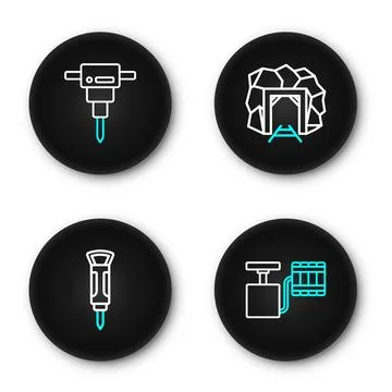 Set line Handle detonator, Construction jackhammer, Mine entrance and  icon.. Stock Illustration