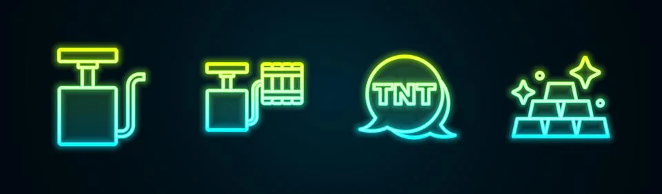 Set line Handle detonator, Dynamite and Gold bars. Glowing neon icon. Vector Stock Illustration