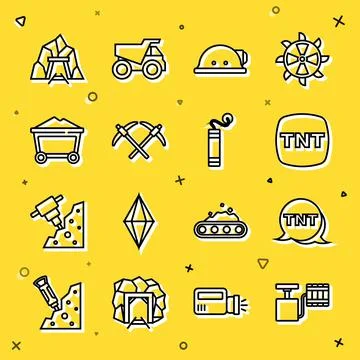 Set line Handle detonator, Dynamite, Miner helmet, Pickaxe, coal trolley Illustration