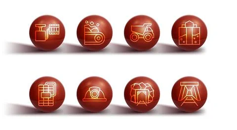 Set line Handle detonator, Dynamite, Mine entrance, Miner helmet, Conveyor belt Illustration