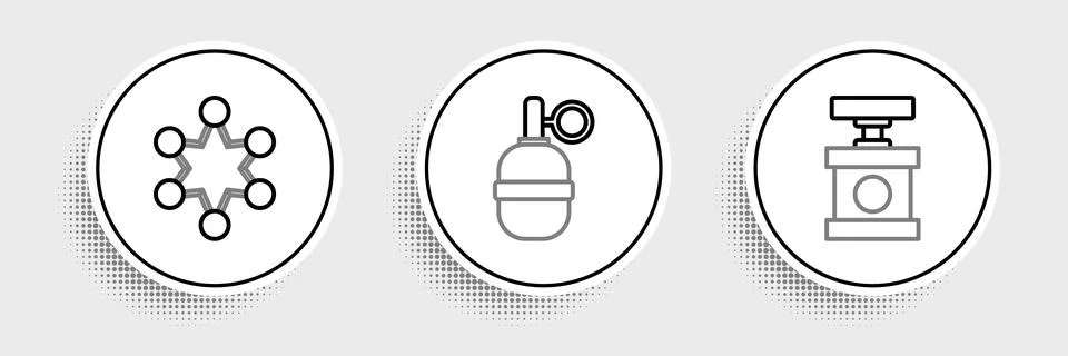 Set line Handle detonator for dynamite, Police badge and grenade icon. Vector Illustration