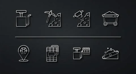 Set line Handle detonator, Gem stone, Mine coal trolley, Dynamite, Pickaxe Illustration
