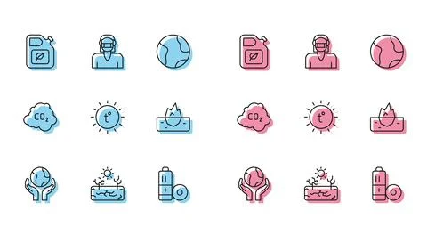 Set line Hands holding Earth globe, Drought, Bio fuel canister, Battery, Sun イラスト素材
