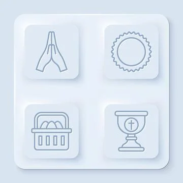 Set line Hands in praying position, Sun, Basket with easter eggs and Christian Illustrazione stock