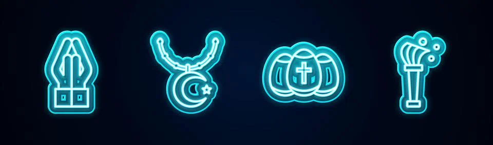 Set line Hands in praying position, Star crescent chain, Easter egg and Stock Illustration