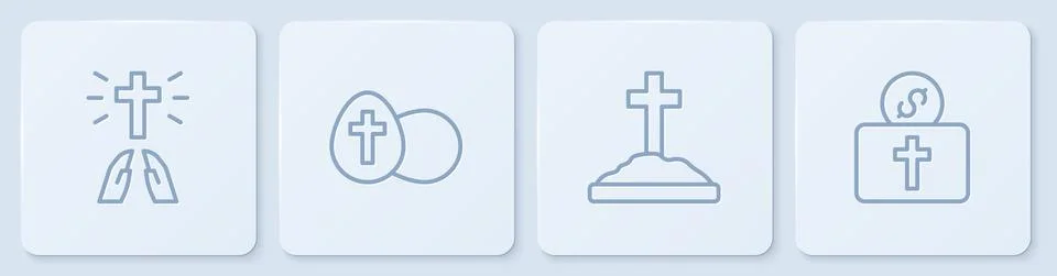 Set line Hands in praying position, Grave with cross, Easter egg and Donation Stock Illustration