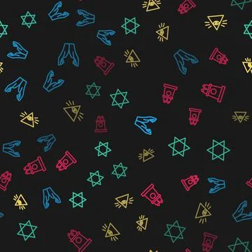 Set line Hands in praying position, Star of David, Masons and Stage stand or Stock-Illustration