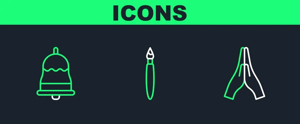 Set line Hands in praying position, Ringing bell and Paint brush icon. Vector Stock Illustration