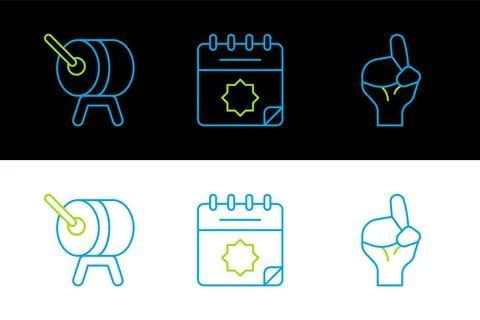 Set line Hands in praying position, Ramadan drum and calendar icon. Vector Stock Illustration