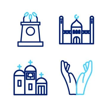 Set line Hands in praying position, Church building, Muslim Mosque and Stage  Ilustración de archivo