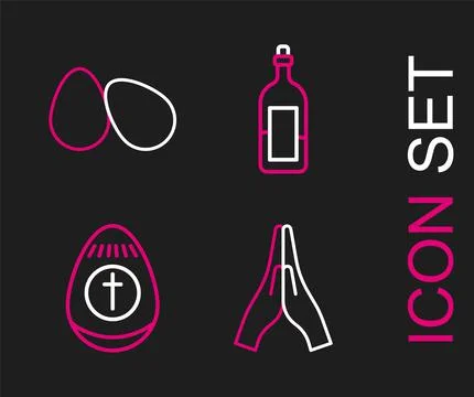 Set line Hands in praying position, Easter egg, Bottle of wine and eggs icon. Illustrazione stock