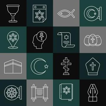 Set line Hands in praying position, Pope hat, Easter egg, Christian fish, Cross Stock Illustration