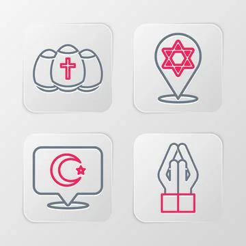 Set line Hands in praying position, Star crescent, of David and Easter egg .. Ilustração Stock