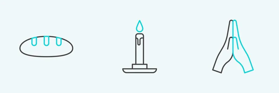 Set line Hands in praying position, Bread loaf and Burning candle candlesti.. Stock Illustration