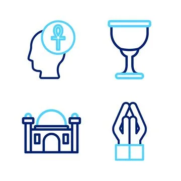 Set line Hands in praying position, Muslim Mosque, Holy grail or chalice an.. Stock Illustration