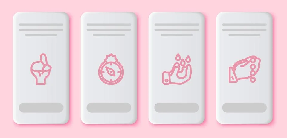Set line Hands in praying position, Qibla, Wudhu and . White rectangle butt.. Stock Illustration