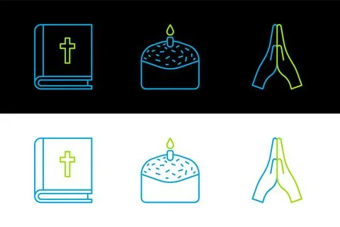 Set line Hands in praying position, Holy bible book and Easter cake candle .. Stock Illustration
