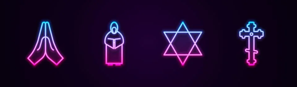 Set line Hands in praying position, Monk, Star of David and Christian cross.  Stock Illustration