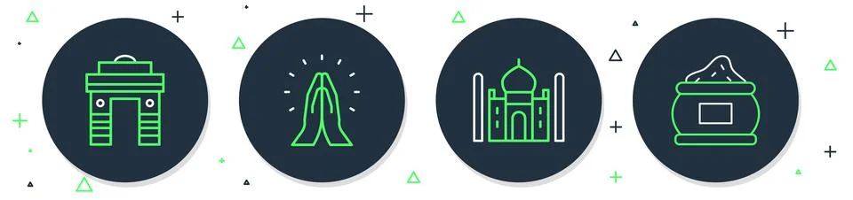 Set line Hands in praying position, Taj Mahal, India Gate Delhi and Indian .. Stock Illustration