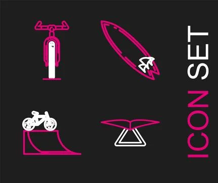 Set line Hang glider, Bicycle on street ramp, Surfboard and icon. Vector 스톡 일러스트