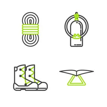 Set line Hang glider, Boots, Aqualung and Climber rope icon. Vector Ilustración de archivo