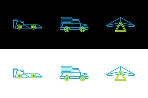 Set line Hang glider, Formula race car and Delivery cargo truck vehicle ico.. Stock Illustration