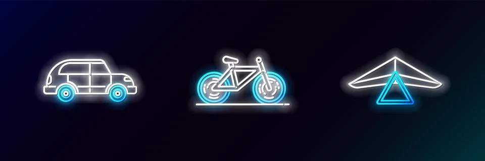 Set line Hang glider, Hatchback car and Bicycle icon. Glowing neon. Vector Stock Illustration