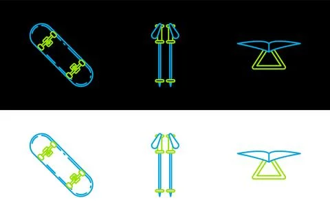 Set line Hang glider, Skateboard trick and Ski poles icon. Vector Stock-Illustration