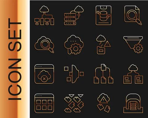 Set line Hangar with servers, Cloud technology data transfer, Filter setting Stock Illustration