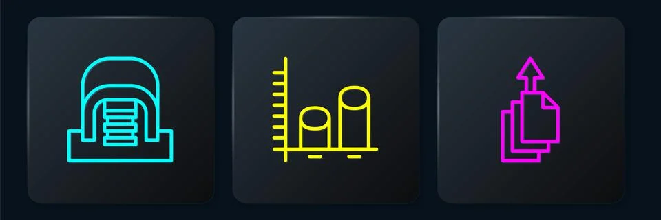 Set line Hangar with servers, Data export and analysis. Black square button Stock Illustration
