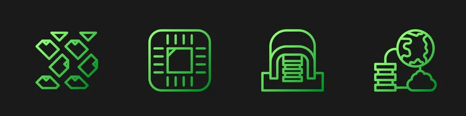 Set line Hangar with servers, Data stream, Processor CPU and Network cloud イラスト素材