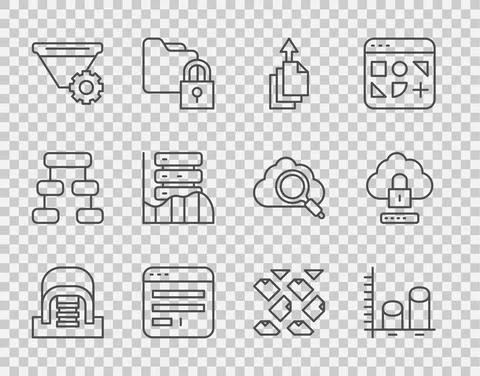 Set line Hangar with servers, Data analysis, export, Browser window, Filter Stock Illustration