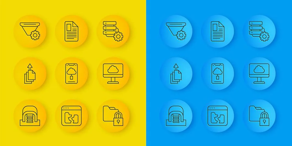 Set line Hangar with servers, Data export, Cloud technology data transfer, .. Illustrazione stock