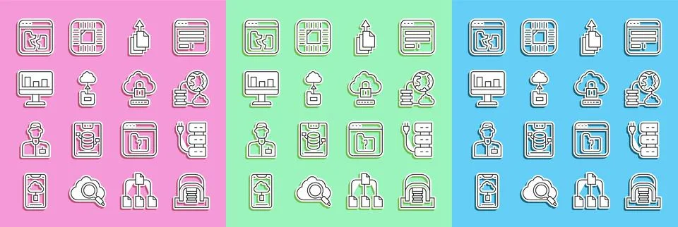 Set line Hangar with servers, Server, Network cloud connection, Data export Stock Illustration