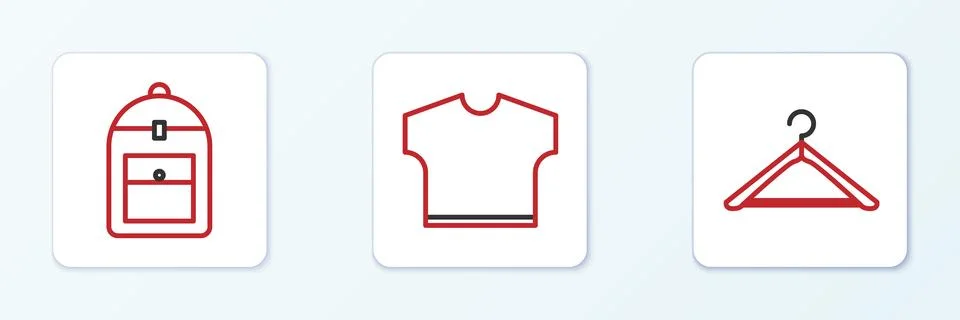 Set line Hanger wardrobe, Backpack and T-shirt icon. Vector Illustrazione stock
