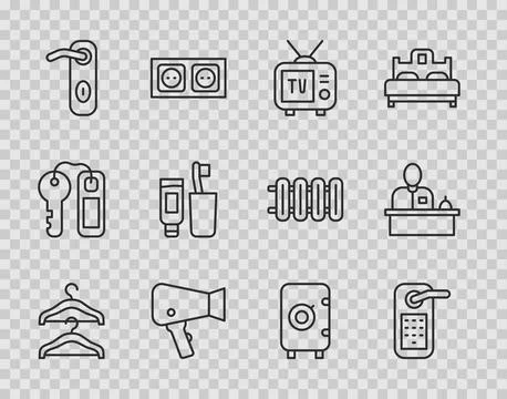 Set line Hanger wardrobe Digital door lock Retro tv Hair dryer Door handle To Illustration