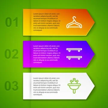 Set line Hanger wardrobe, Empty wooden shelves and Washbasin. Business info.. Stock Illustration