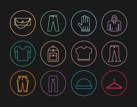 Set line Hanger wardrobe, Pants, Leather glove, Backpack, Long sleeve shirt.. Stock Illustration