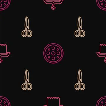 Set line Hanger wardrobe, Scissors and Sewing button on seamless pattern. Vector Stockillustratie