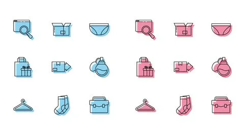 Set line Hanger wardrobe, Socks, Search in browser window, Briefcase, Carton Stock Illustration