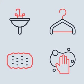 Set line Hanger wardrobe, Sponge,  and Washbasin icon. Vector Stock Illustration