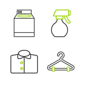 Set line Hanger wardrobe, T-shirt, Water spray bottle and Washer icon. Vector Stock Illustration