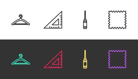 Set line Hanger wardrobe, Triangular ruler, Awl tool and Leather on black and Stock Illustration