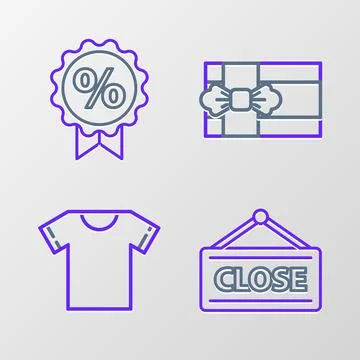 Set line Hanging sign with Closed, T-shirt, Gift box and Discount percent t.. Stock Illustration