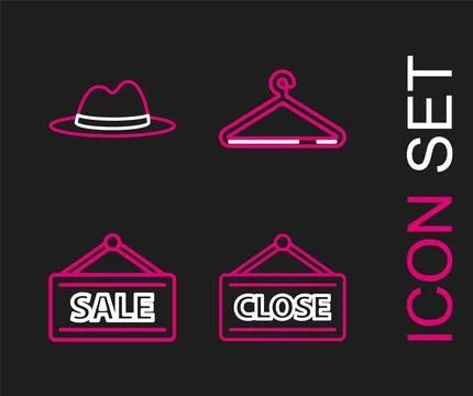 Set line Hanging sign with Closed, Sale, Hanger wardrobe and Man hat ribbon.. Stock Illustration